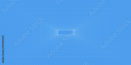 3d wireframe grid room. 3d perspective laser grid 16 9.. Cyberspace blue background with white mesh. Futuristic digital hallway space in virtual reality. Vector illustration.
