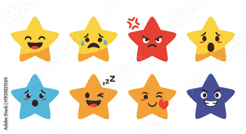 A collection of eight colorful cartoon stars with various expressive faces on transparent background silhouette high quality professional detailed