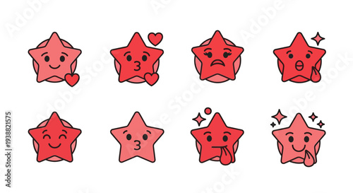 A collection of eight cute red star characters with varying facial expressions on transparent background silhouette high quality professional