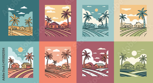 A collection of nine vintage style tropical landscape scenes with palm trees and houses on transparent background silhouette high quality