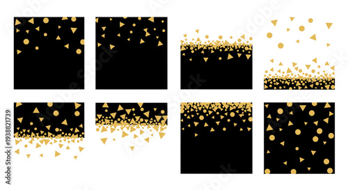 A collection of six rectangular golden confetti patterns against a black backdrop on transparent background showcasing a silhouette