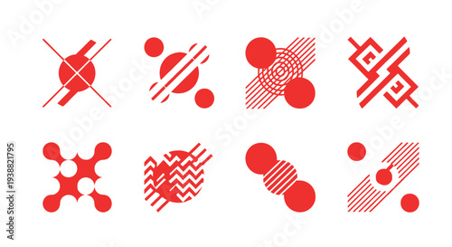 A collection of abstract geometric shapes in red featuring lines and circles on transparent background silhouette high quality professional