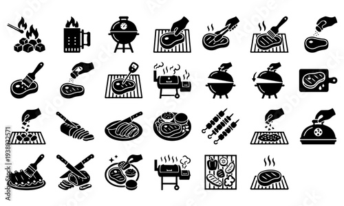 BBQ Cooking Process Solid Icon Set – Grilling Meat, Barbecue Grill and Cooking Steps Icons