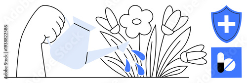 Growth, health care, wellness, sustainability, support, healthcare services. Hand watering flowers nurturing. Growth and health care illustrated with flowers and medical symbols