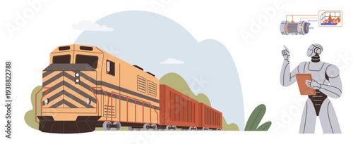Transportation, logistics, automation technology, artificial intelligence, future innovation, robotics. Freight train on tracks and a robot analyzing data. Transportation and logistics innovation
