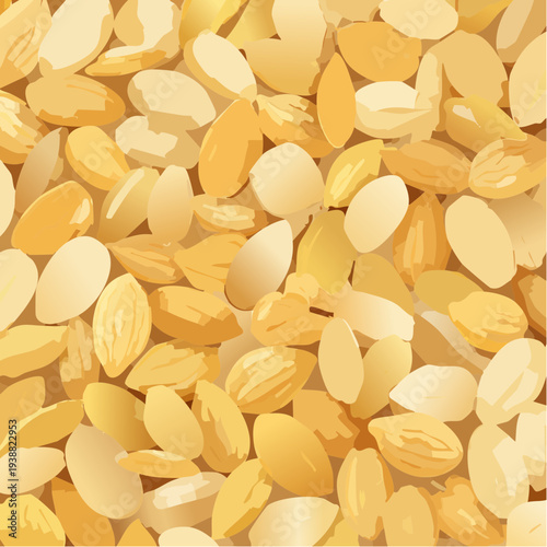 Close-up Textured Background of Numerous Golden Brown Almonds Scattered and Overlapping with Detailed Grooves and Natural Variations in Shape and Color Under Warm Lighting