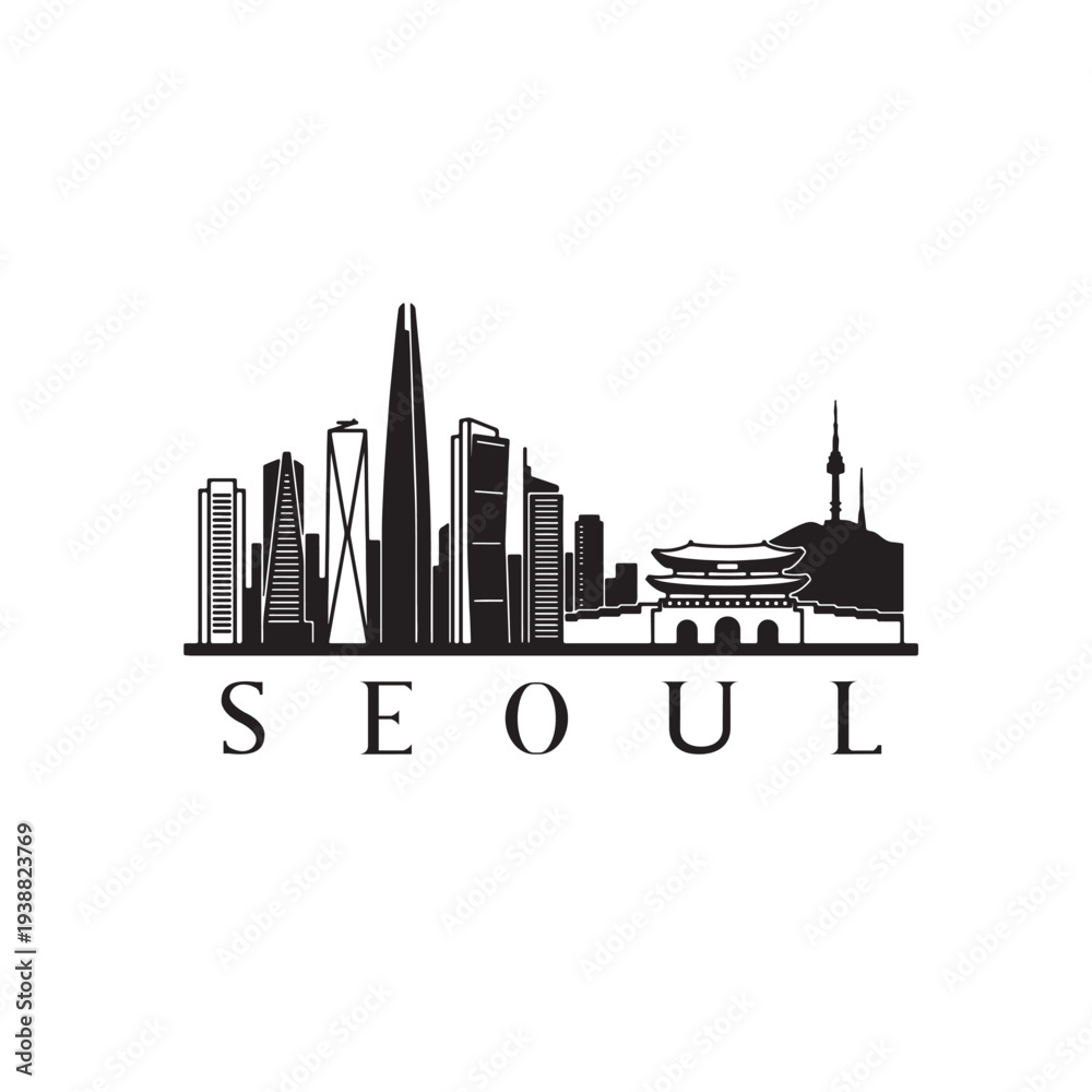 Obraz premium Seoul Skyline Silhouette with N Seoul Tower Landmark Black Vector Icon