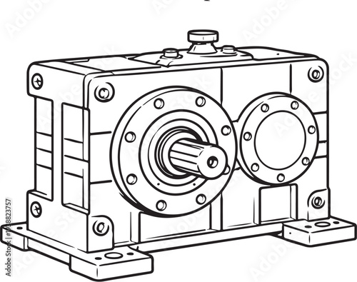 Industrial Gearbox Housing Black and White Line Art Vector