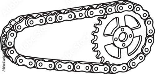 Chain and Sprocket System Black and White Line Art Mechanical Vector