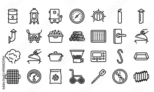 BBQ Smoker Equipment Outline Icon Set – Barbecue Smoker, Charcoal, Grill and Cooking Tools Line Icons