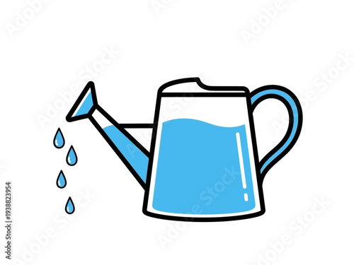 A blue watering can with water pouring out.