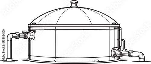 Farm Biogas Digester Tank Clean Black and White Line Art Illustration