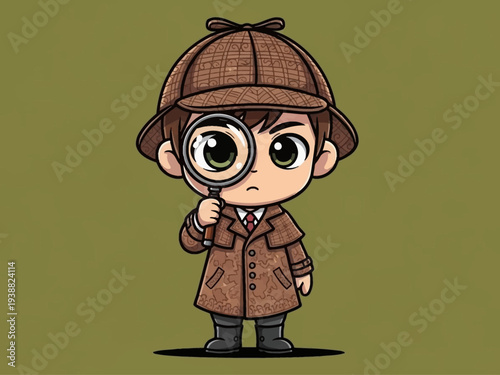 Chibi Detective Boy with Magnifying Glass Investigating Closely.