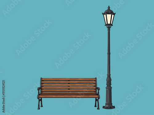 Classic Park Bench and Ornate Street Lamp Illustration.