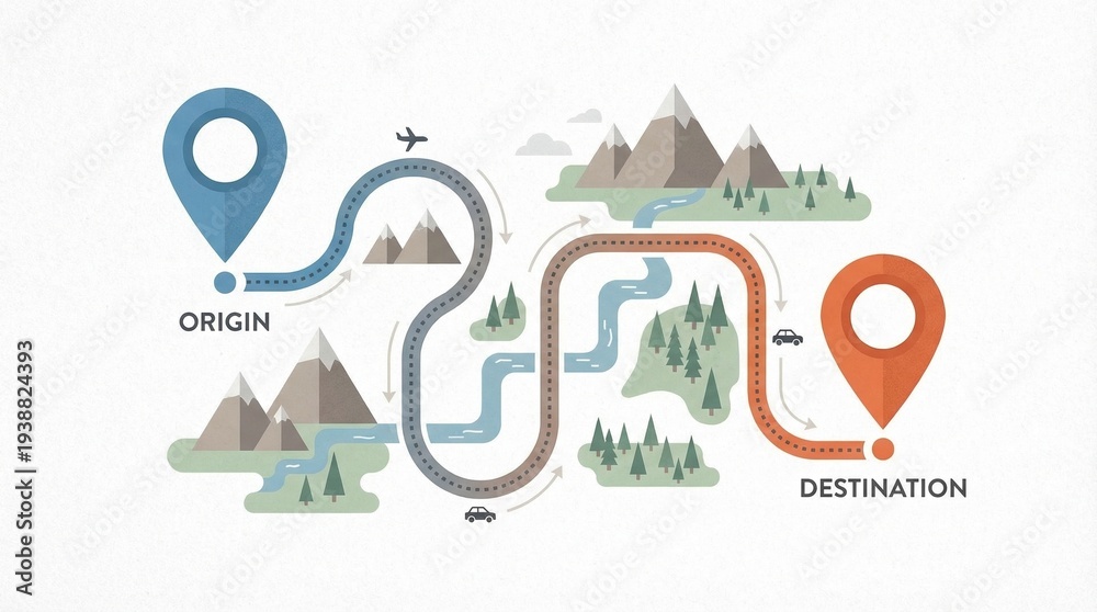 Obraz premium Travel Route Map with Origin and Destination Pins and Transport Modes