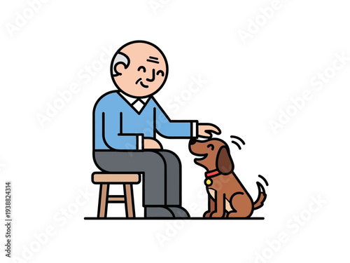 Elderly man happily petting a small brown dog.