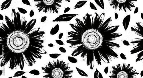 Bold Black and White Floral Pattern with Hand Drawn Flowers and Leaves.