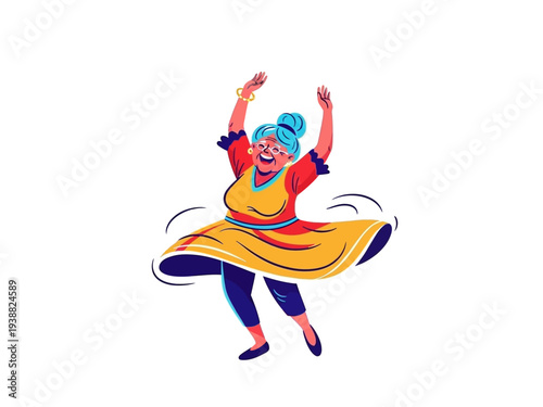 Joyful Elderly Woman Dancing in Traditional Colorful Dress.