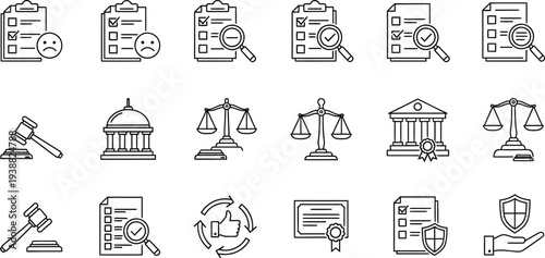Collection of legal and regulatory compliance icons displays various documents, scales of justice, and judicial seals in black.
