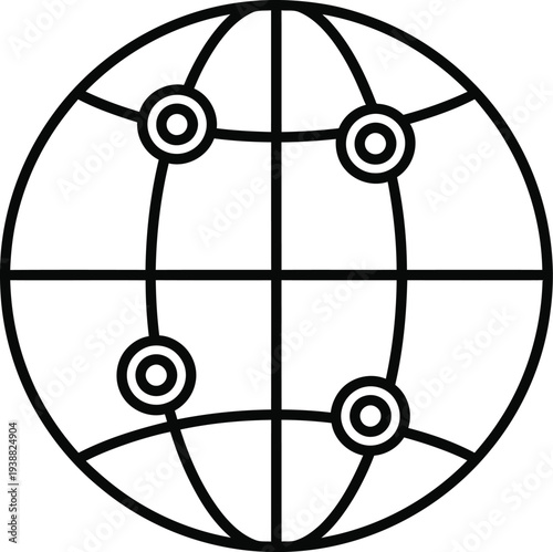 Global network icon illustrates a stylized globe with latitude and longitude lines marked by four connected nodal points for.