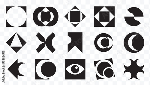 Modern Abstract Geometric Shapes Vector Pack. Minimalist Black and White Design Elements, Logos, Icons and Symbols for Branding and Creative Projects.
