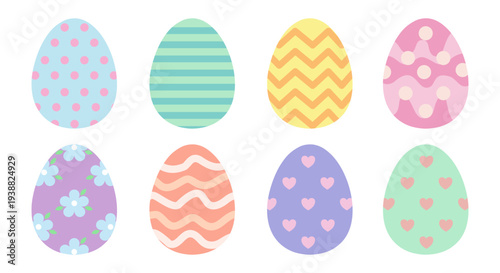 Large decorated Easter eggs with intricate pastel patterns like waves, hearts, and scales.