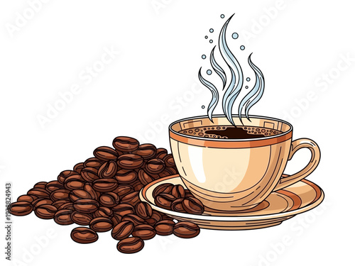 Steaming Cup of Coffee with Roasted Beans.