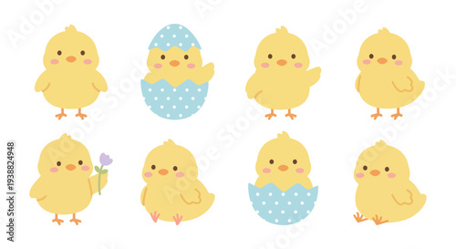 Cute cartoon baby chicks in various poses, inside egg shells and holding flowers for Easter celebration.