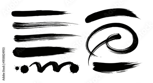 Collection of Black Ink Brush Strokes and Swirls.
