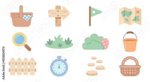 Easter scavenger hunt equipment set with picnic baskets, signboards, map, and magnifying glass.