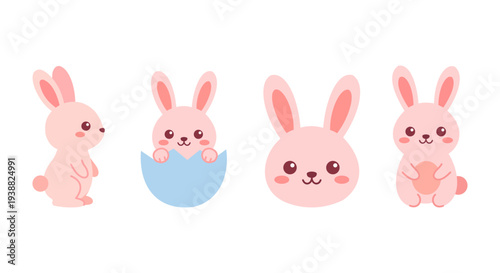 Set of cute pink rabbit heads and bunnies inside egg shells for Easter decorative designs.