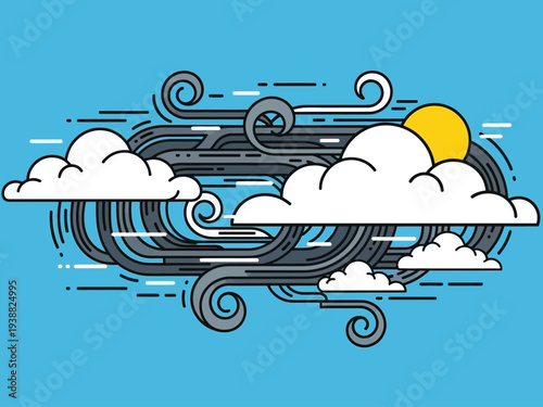 Stylized illustration of swirling wind and clouds with sun.