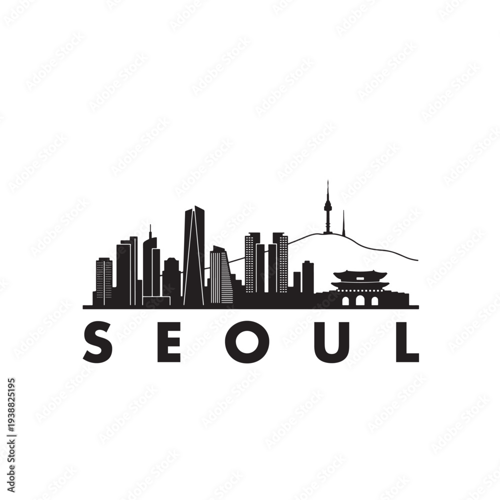 Obraz premium Seoul Skyline Silhouette with N Seoul Tower Landmark Black Vector Icon