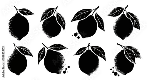 Collection of black silhouette lemons with leaves and ink splatters.