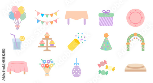 Party equipment set for Easter celebration including balloons, bunting, cakes, and gifts.