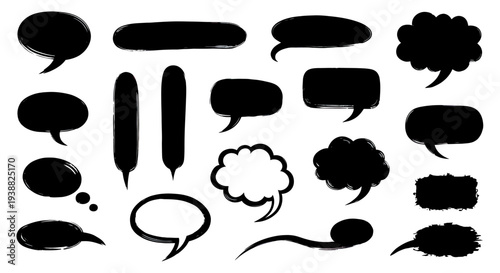 Collection of diverse black speech bubble shapes and thought bubbles.