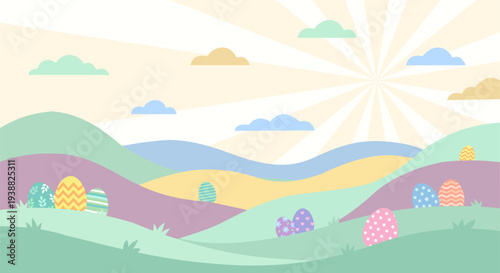 Pastel landscape background with rolling hills, Easter eggs in the grass, and a sunny sky.