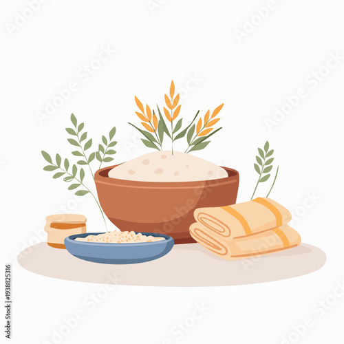 Serene spa setting with natural ingredients in warm earth tones featuring a large bowl of bath salts soft folded towels and decorative green foliage