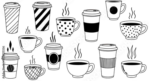 Collection of Hand Drawn Coffee Cups and Mugs with Steaming Hot Beverages.