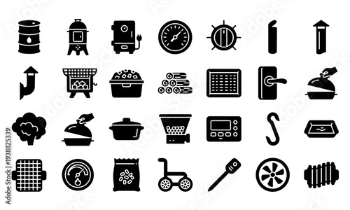 BBQ Smoker Equipment Solid Icon Set – Barbecue Smoker, Charcoal Grill and Cooking Tools Icons