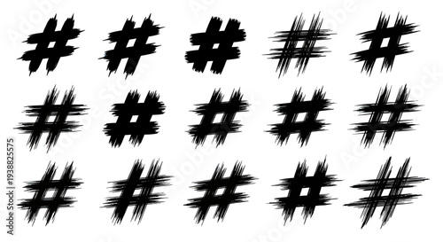 Collection of Hand Drawn Hashtag Symbols in Grunge Style.