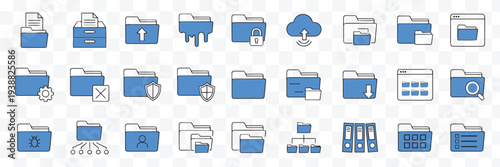 Modern Folder and File Management Vector blue Icons Set. Outline Style for Data Organization, Cloud, Security and Digital Content
