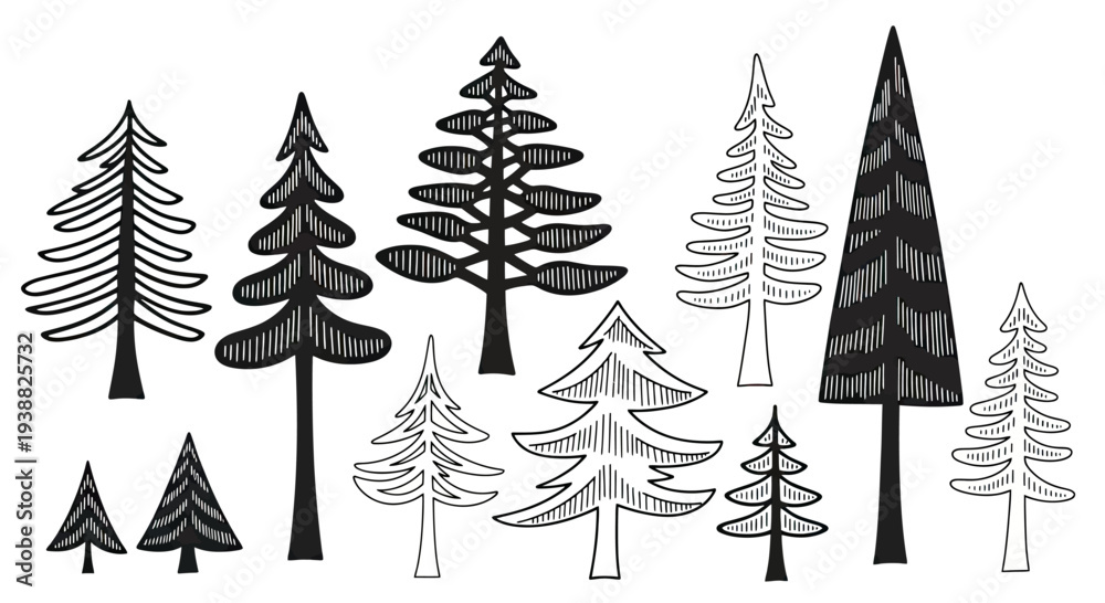 Obraz premium Collection of Hand Drawn Stylized Pine Trees and Evergreen Forest Elements.
