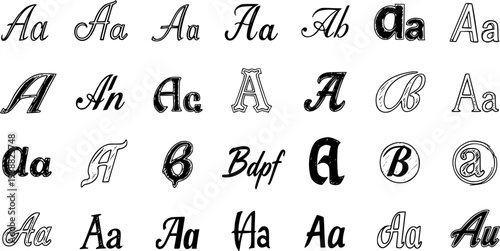 Black  White Hand-Drawn Typography Collection: Diverse Letter A and Alphabet Styles for Graphic Design and Creative Projects