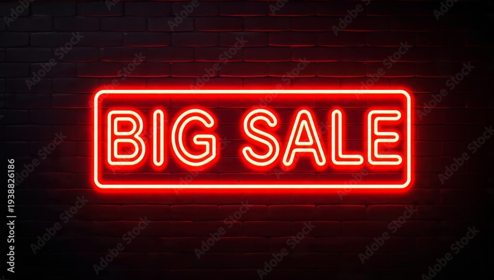 Obraz premium Red Neon Big Sale Sign on Dark Brick Wall Background