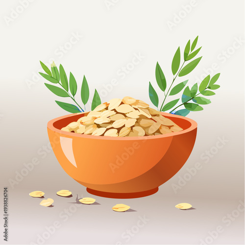 Orange ceramic bowl filled with golden rolled oats decorated with green leaves isolated on a light background simple illustration healthy breakfast food concept