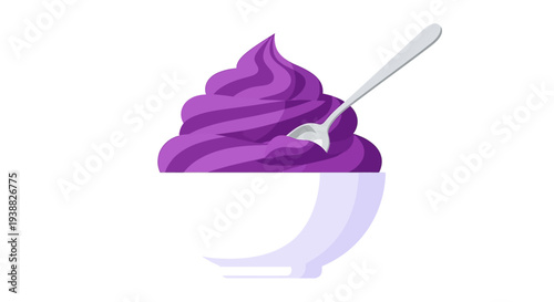 Delicious purple yogurt with spoon in white bowl