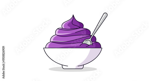 Delicious purple ice cream in a white bowl with a spoon