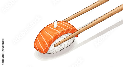 Delicious salmon sushi piece picked up with chopsticks