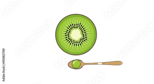 Fresh kiwi fruit slice and spoonful on white background